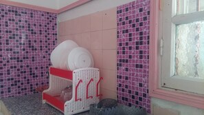 Shower, towels, soap, shampoo