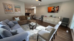 TV, fireplace, books