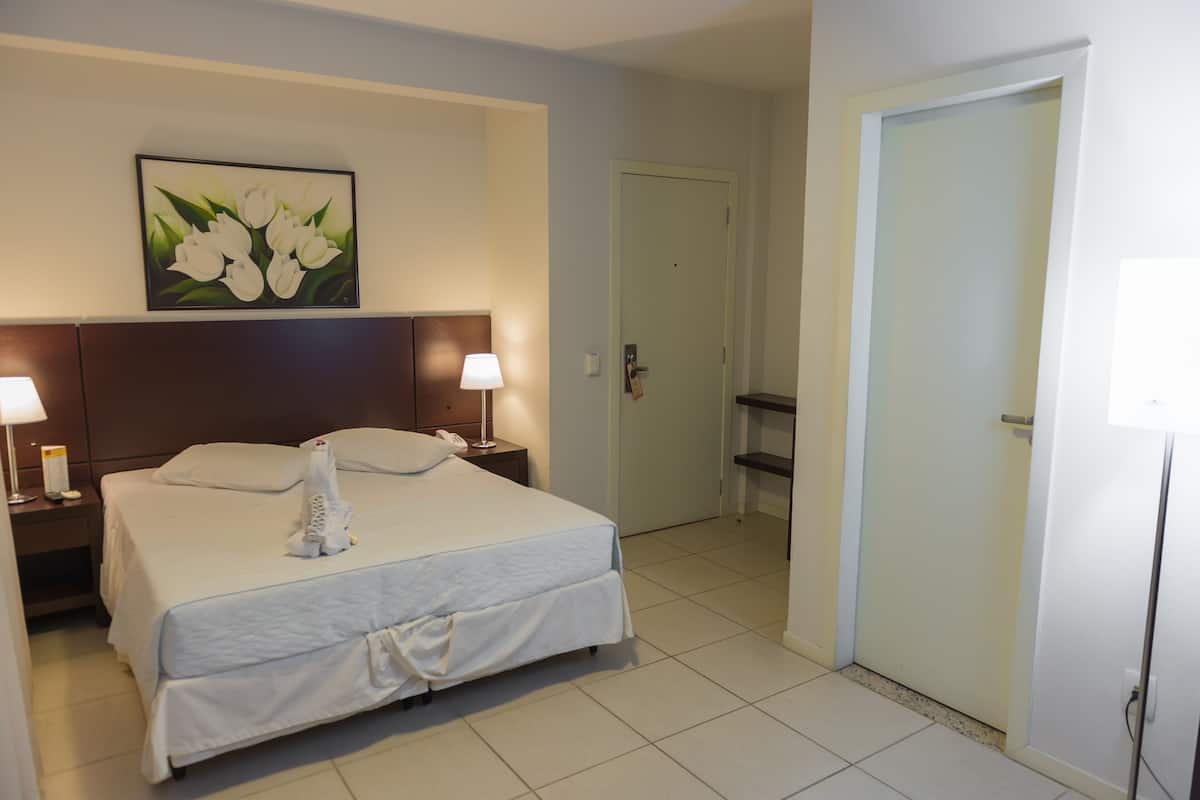Una habitación de hotel con una cama, dos lámparas de noche, un cuadro y una puerta.