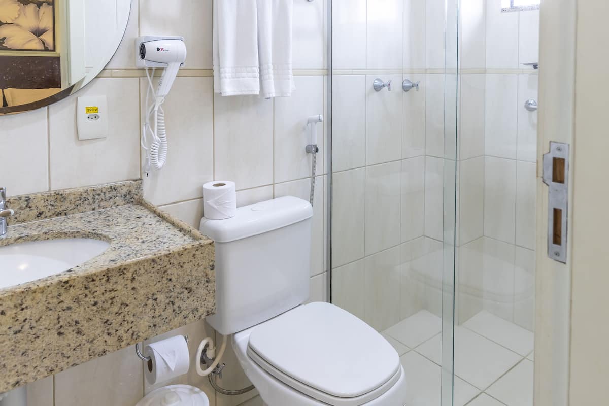 shower, designer toiletries, hair dryer, towels