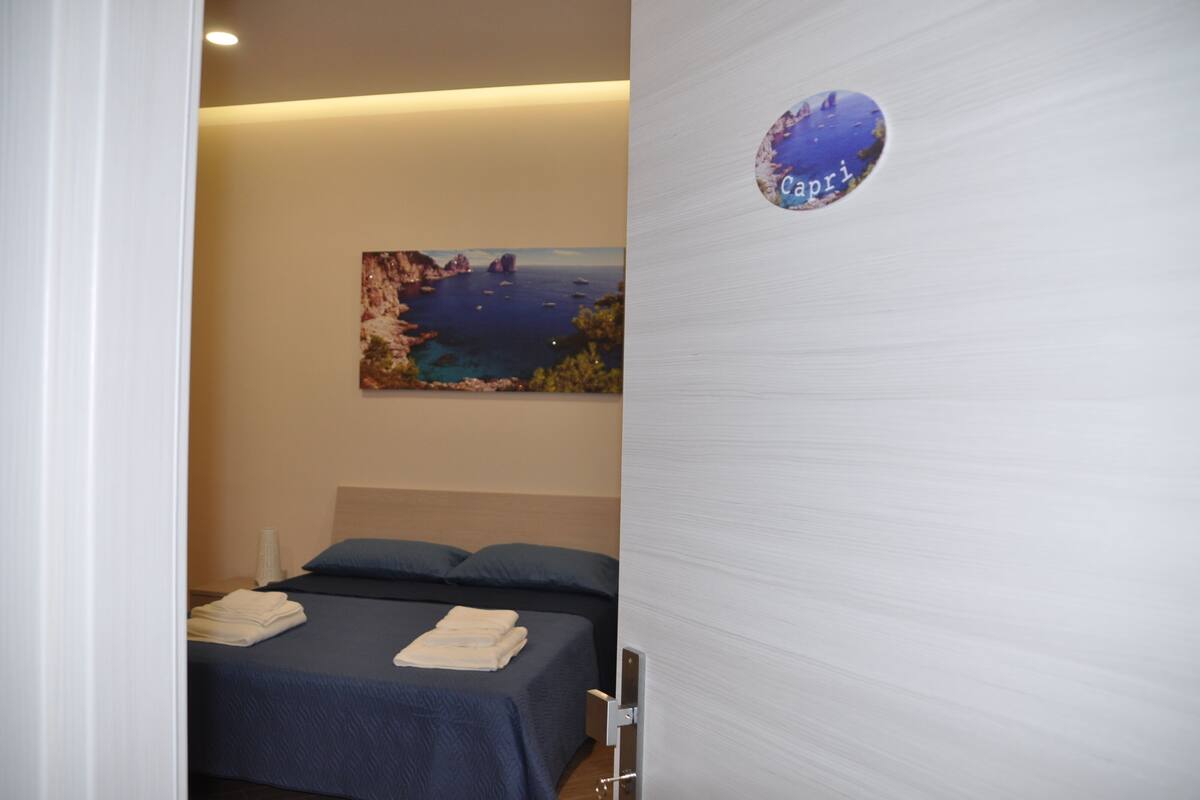 Um quarto com uma cama, almofadas e uma pintura representando uma paisagem costeira.