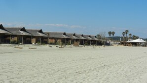 En række strandhuse med stråtag, en sandstrand og palmer i baggrunden.