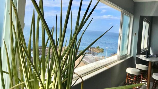 A room with a large window overlooking a beach, a plant in the foreground, and a small table with chairs. - Breathtaking Ocean View (Salvador)