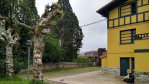A yellow building with a stone base and a green door. There is a tree with a unique trunk shape in the foreground. - Hotel Restaurante Aldama (Amurrio)