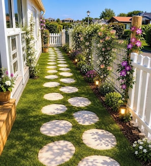 A garden pathway with stepping stones, a white picket fence, and flowering plants. - chalet près des plages du débarquement (grandcamp maisy)