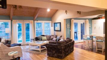 Smart TV, fireplace, DVD player, video library