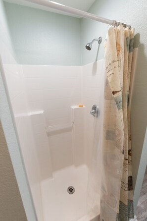 Hair dryer, towels, soap, toilet paper