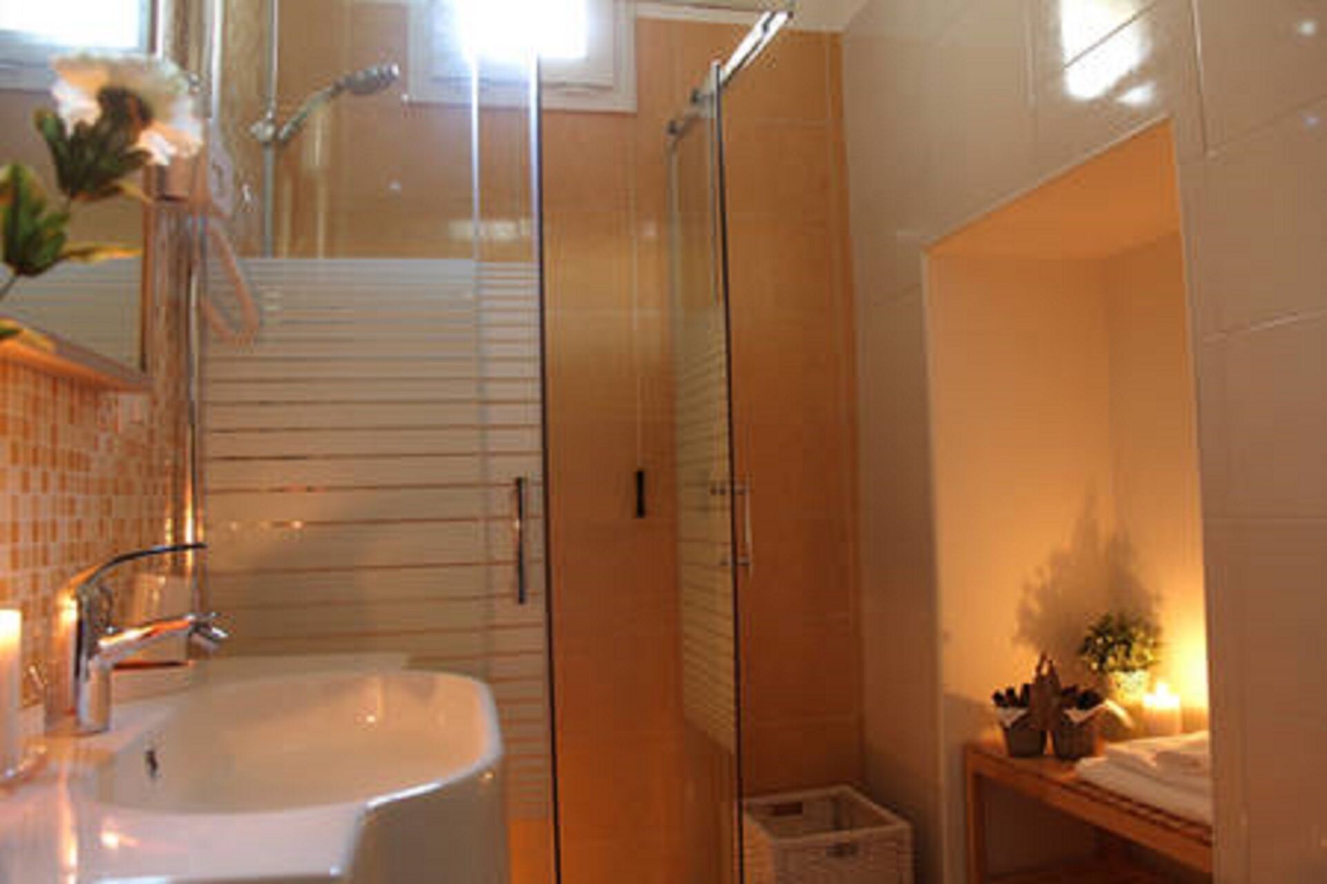 Shower, hair dryer, bidet, towels