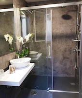 Un baño moderno con ducha de vidrio, un lavabo blanco de gran tamaño y un espejo que refleja orquídeas y una ventana.
