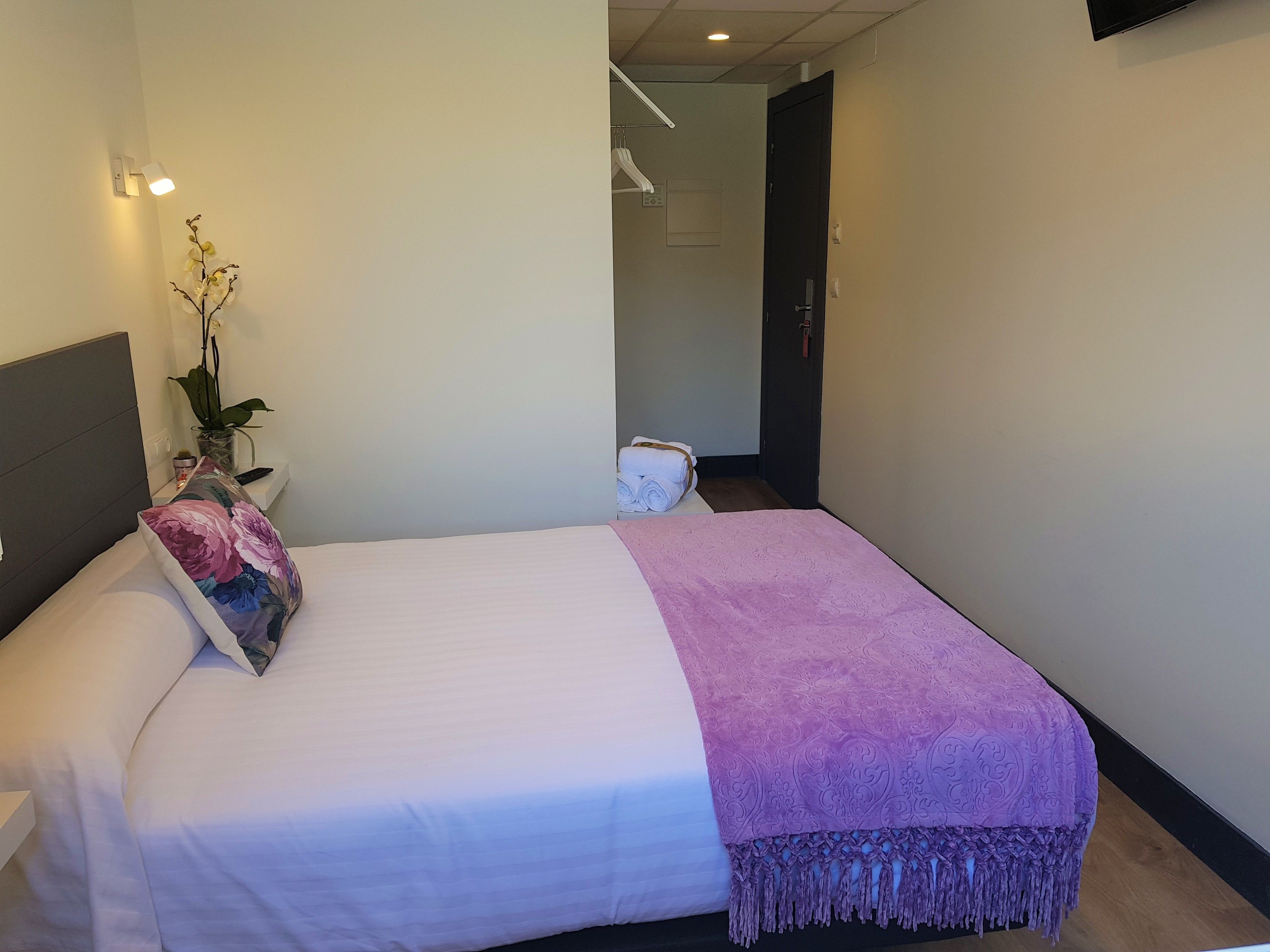 Een hotelkamer met een bed, een nachtkastje, een lamp, een plant en een handdoek op de vloer.