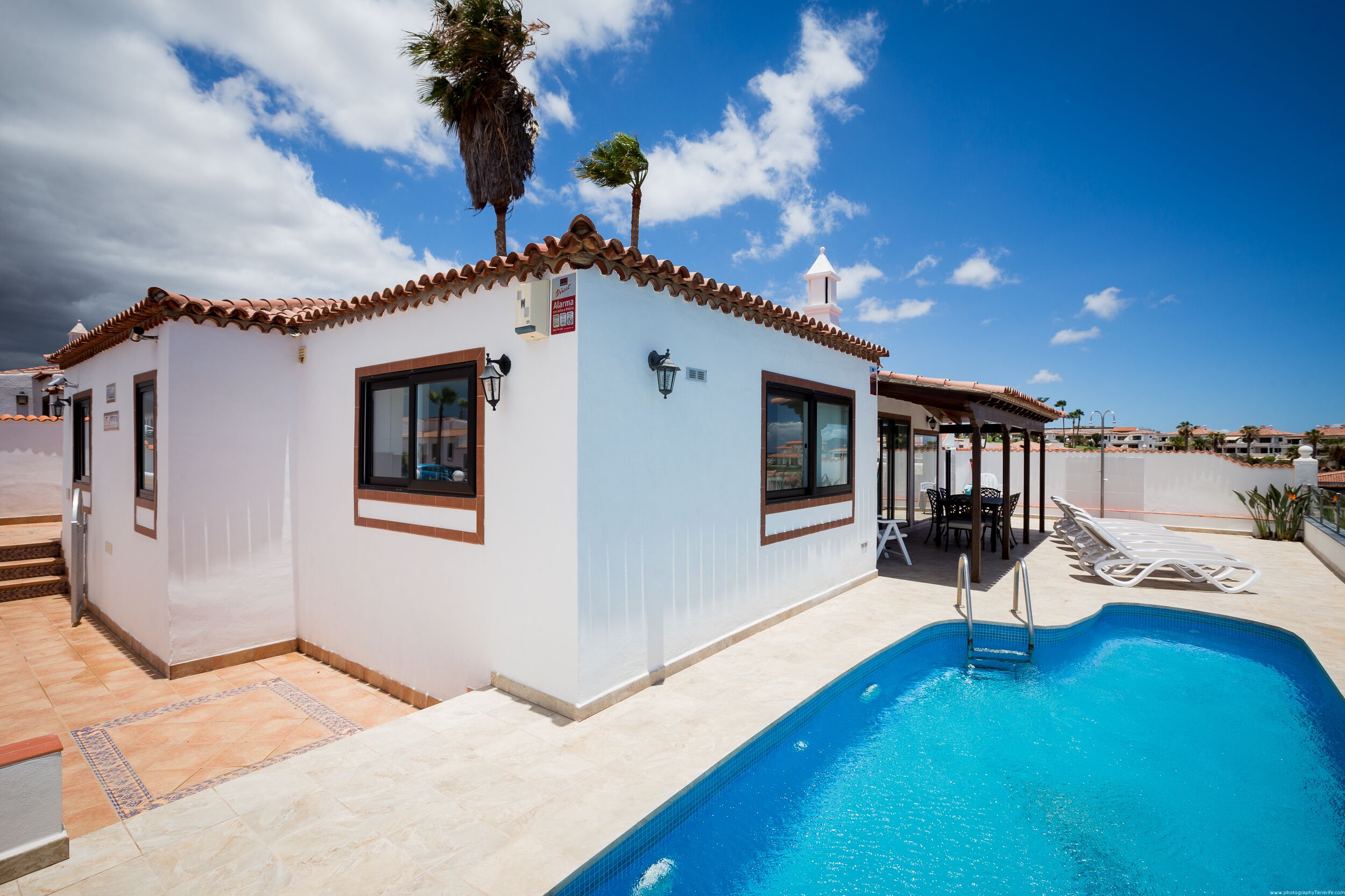 A poolside area with a clear blue pool, a small building with a tiled roof, and a palm tree.