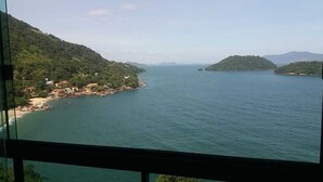 Une vue sur la côte, avec une plage, une jetée et une colline boisée.