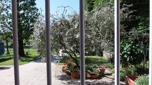 Un chemin bordé de plantes en pot et d’arbres, qui mène à un bâtiment.