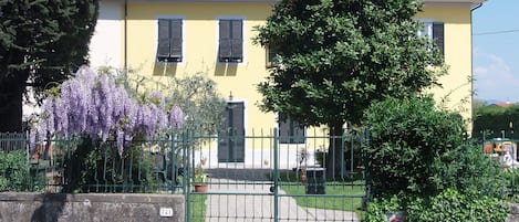 Um edifício amarelo com telhado de telhas vermelhas, portão de metal verde e uma árvore com flores roxas à frente.