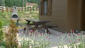 A wooden cabin with a picnic table and a barbecue grill in the yard.