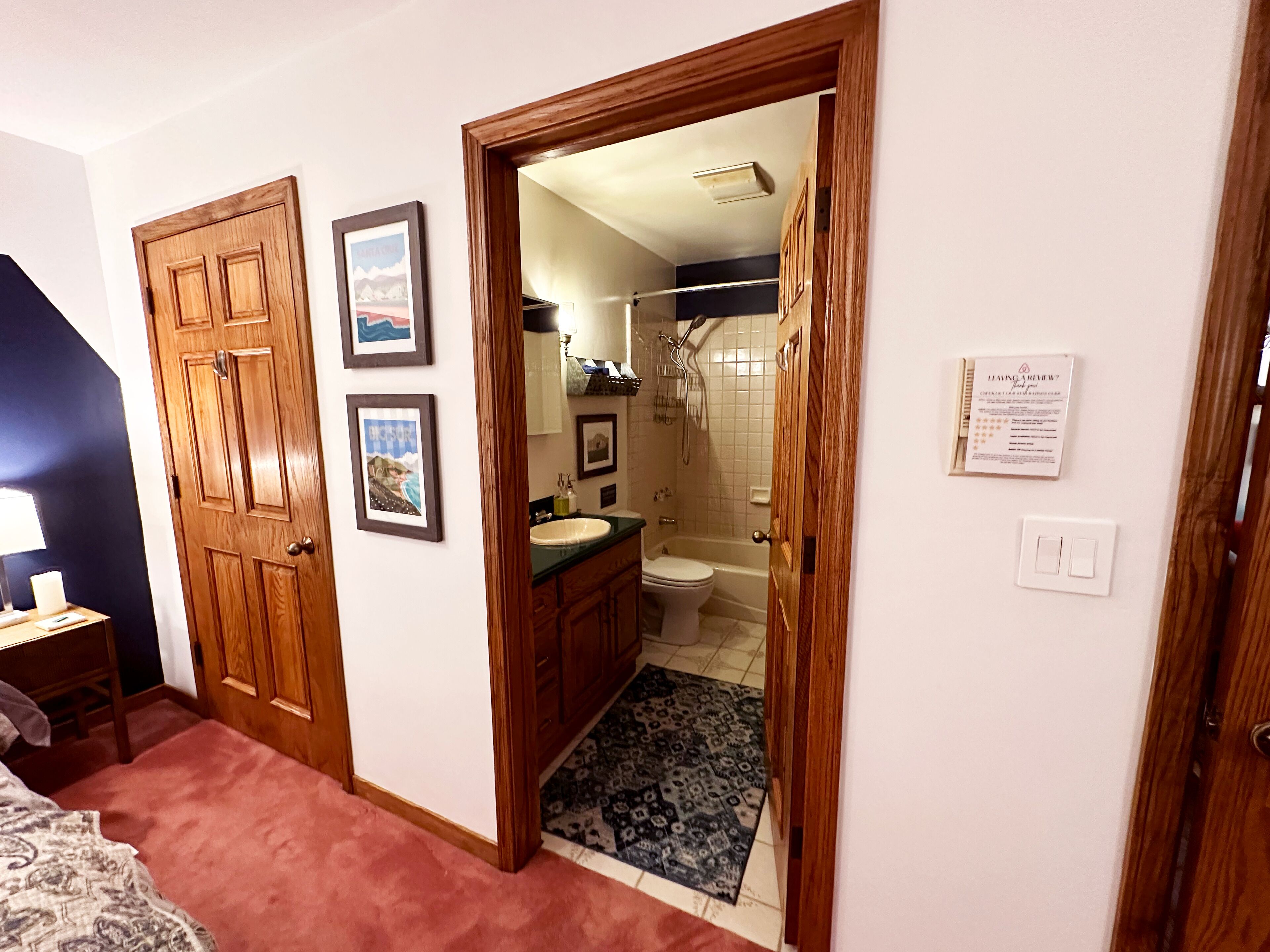 Combined shower/tub, hair dryer, towels, soap