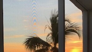 Ein Sonnenuntergangsblick von einem Balkon mit Palmen und einer Straße im Vordergrund.