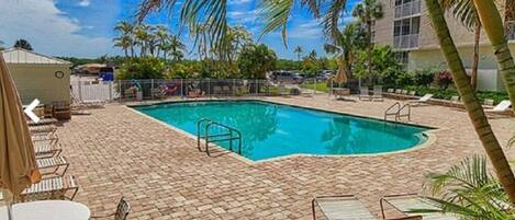 A swimming pool with a tiled deck, surrounded by palm trees and lounge chairs.