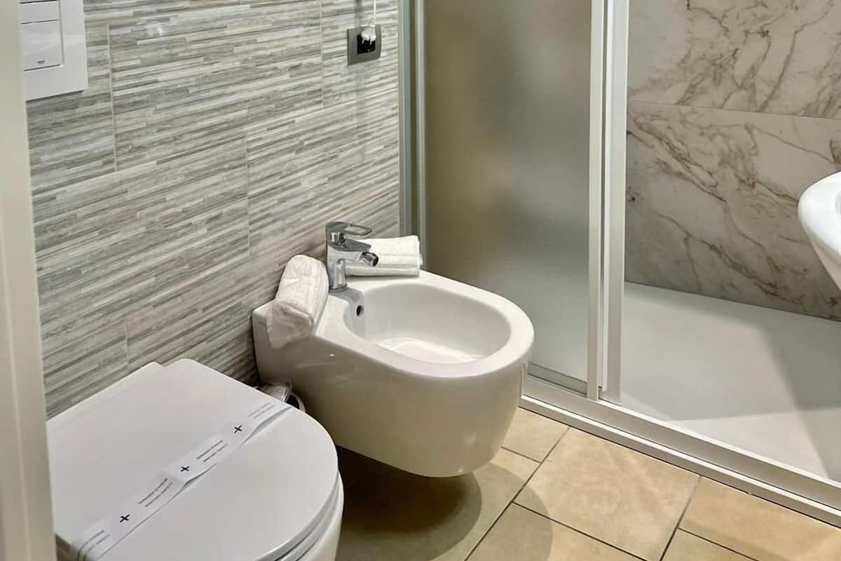 A modern bathroom with a toilet, bidet, and a glass-enclosed shower stall.