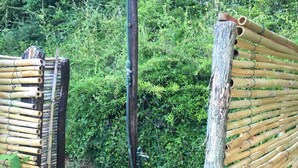 A wooden deck with bamboo railings and a metal lamp post.