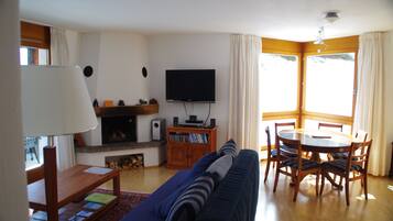 Télévision, cheminée, lecteur de DVD, table de tennis de table