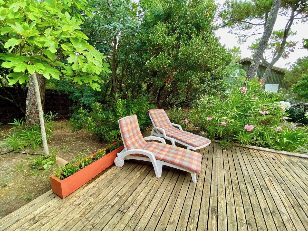 Une terrasse en bois avec deux chaises longues et un bac à fleurs.