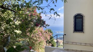 Una terraza con vista al mar, una ventana con celosía decorativa y una planta de cactus.