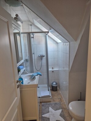 Dusche, Haartrockner, Handtücher, Toilettenpapier