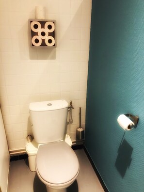 Ducha, secador de pelo, toallas, papel higiénico