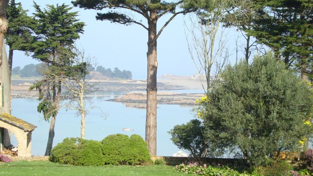 A view of a lake with a boat, surrounded by trees and a grassy area with a stone structure.