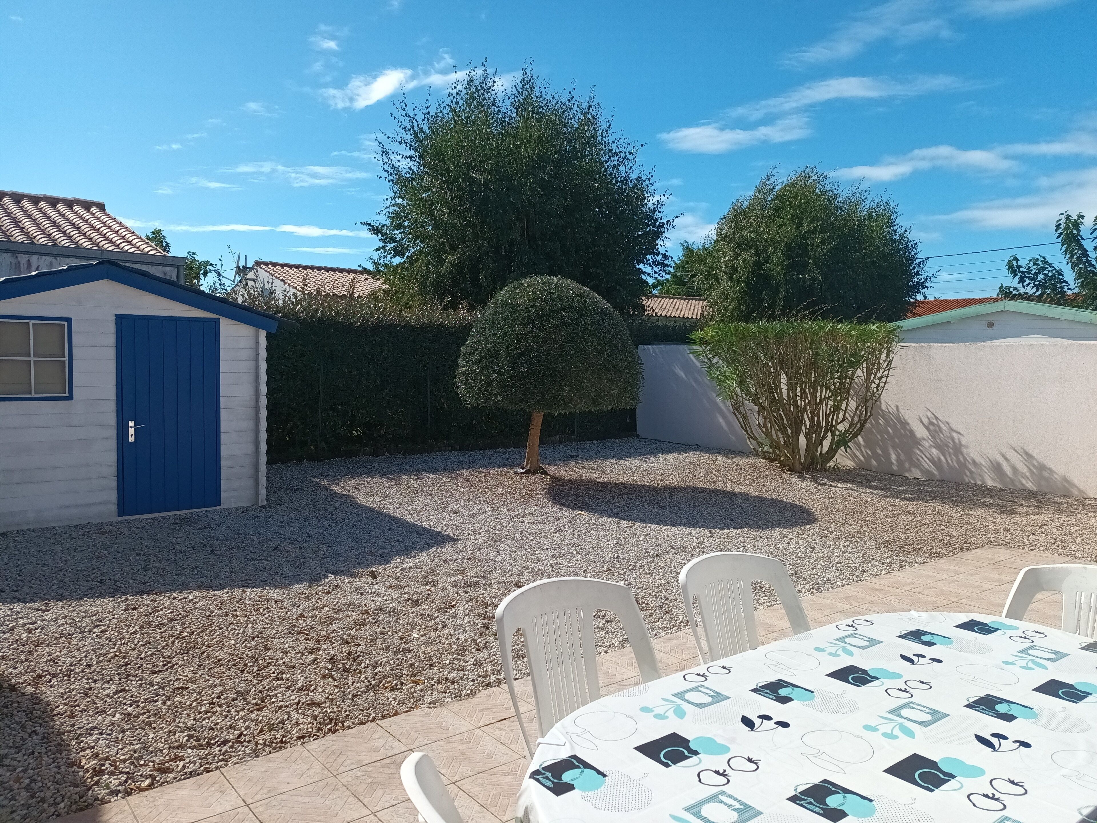 Un espace patio avec une table et des chaises, un petit abri de jardin et un arbuste aux branches bien taillées.