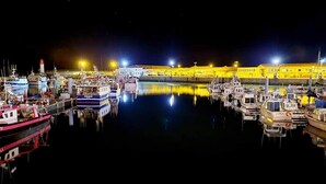 Una marina por la noche con barcos amarrados e iluminados por luces artificiales.