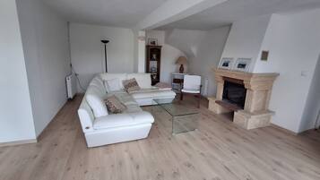 TV, caminetto, lettore DVD, libri