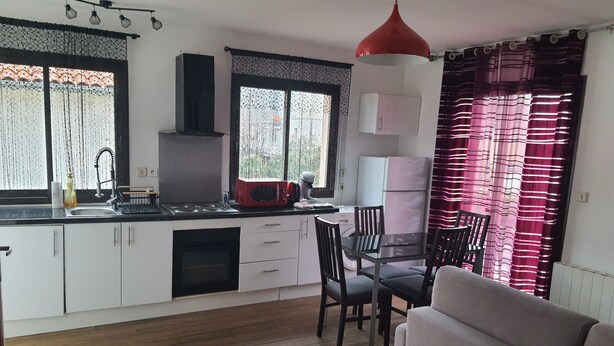A compact kitchen with a dining area, a sofa, and a red pendant light.