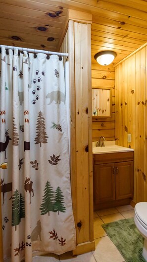 Shower, towels, soap, shampoo - Evergreen Lodge,Waterfront Log Cabin,Wolf River,Partridge Lake,Fremont,Wisconsin (Fremont)