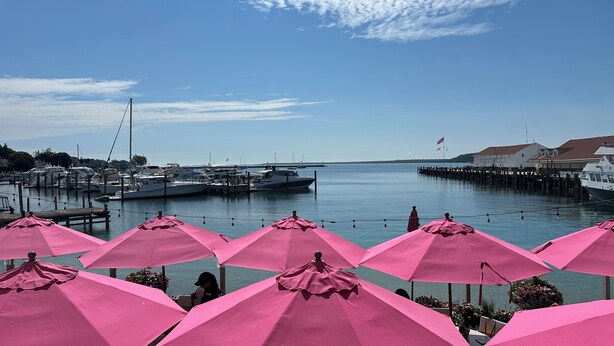 En småbåtshamn med förtöjda båtar, rosa parasoller och en klar himmel.
