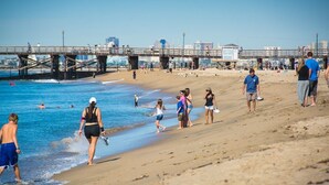 A beach with people walking and swimming. - 🌊🌊 2026 @  the Pineapple Cottage. Steps to Ocean. 🌊 RELAX & ENJOY 😎the beach.⛱️🌊🌊 (Seal Beach)