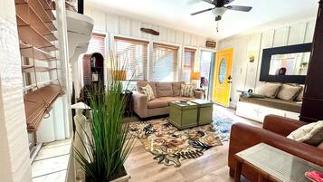Smart TV, fireplace, books