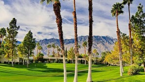 Ein Golfplatz mit Palmen und Bergen im Hintergrund.
