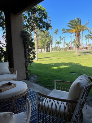 Terrace/patio - Upscale Palm Springs Condo/Desert Princess Resort w/golf cart! Misting System! (Cathedral City)