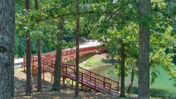 Un puente de madera con barandillas en un área boscosa.