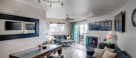 Smart TV, fireplace, DVD player, foosball