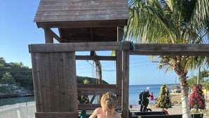 Un enfant sur un toboggan vert, dans une aire de jeux au bord de la plage, avec une structure en bois, des palmiers et une vue sur la mer.