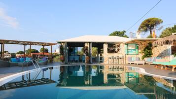 Outdoor pool, pool umbrellas, pool loungers