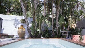 A swimming pool with a wooden deck, surrounded by tropical plants and a large vase. - Incredible location in  Amalfi Coast, with amazing view to detox body and soul (Conca dei Marini)