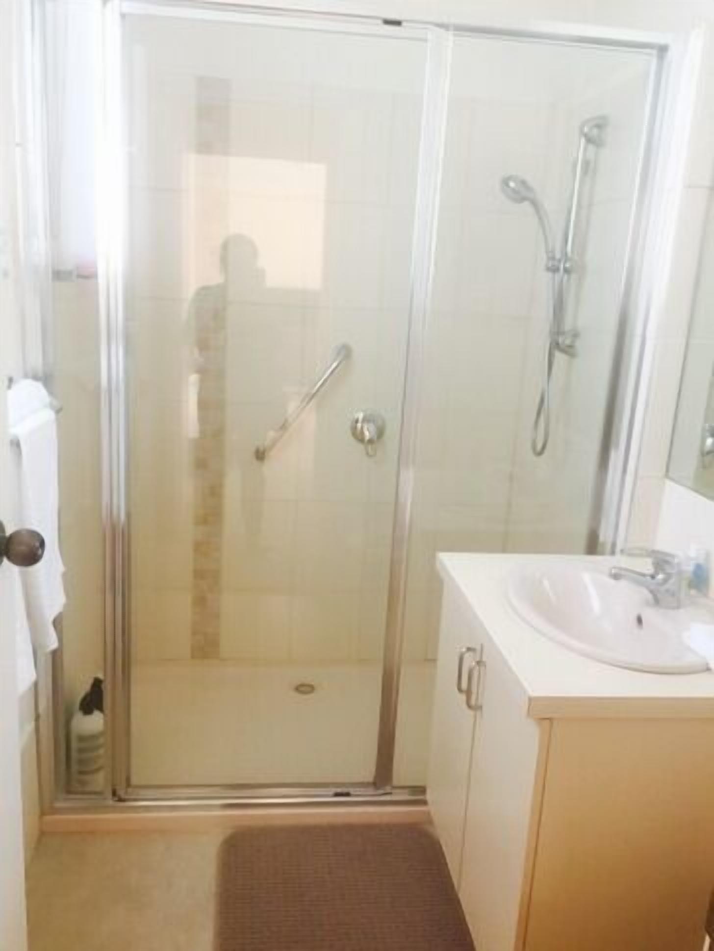 Hair dryer, towels, shampoo