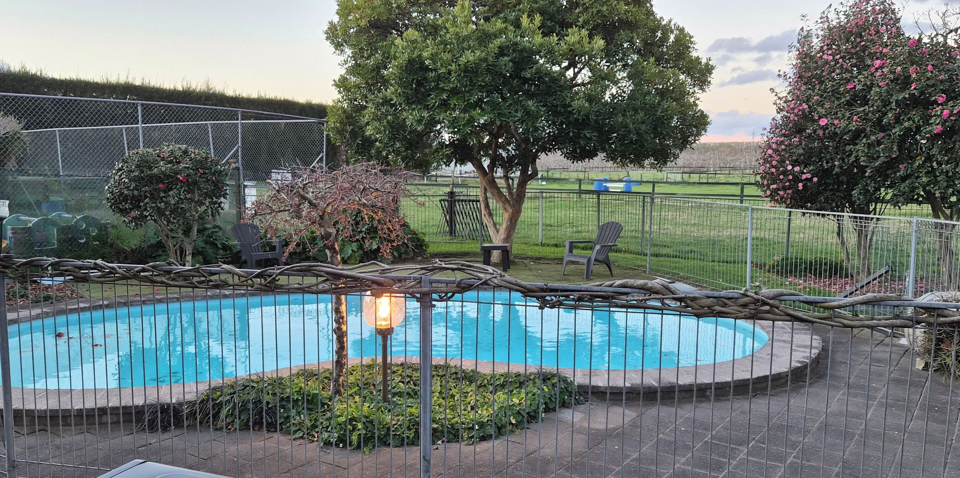 A swimming pool surrounded by a fence, with trees and a grassy area in the background.