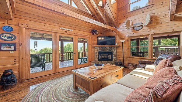 Tv, eldstad, dvd-spelare och en stereo