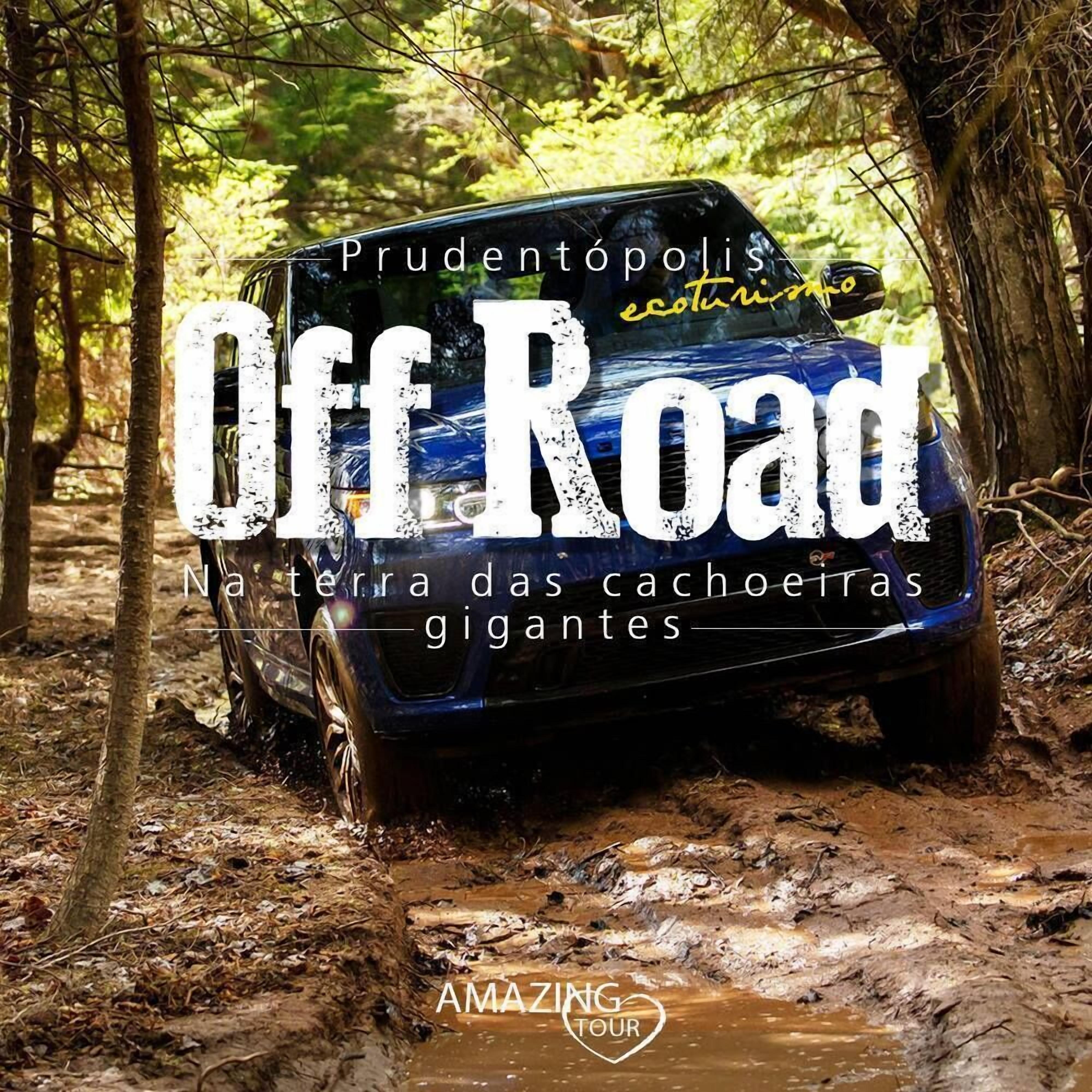 A blue off-road vehicle in a forested area with muddy terrain.