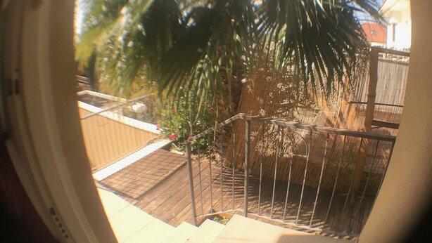 Vista a través de un ventanal circular que muestra una terraza de madera con barandilla metálica, una palmera y un edificio con techo rojo al fondo.